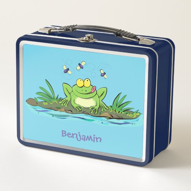 Cute green hungry frog cartoon illustration metal lunch box (Front)