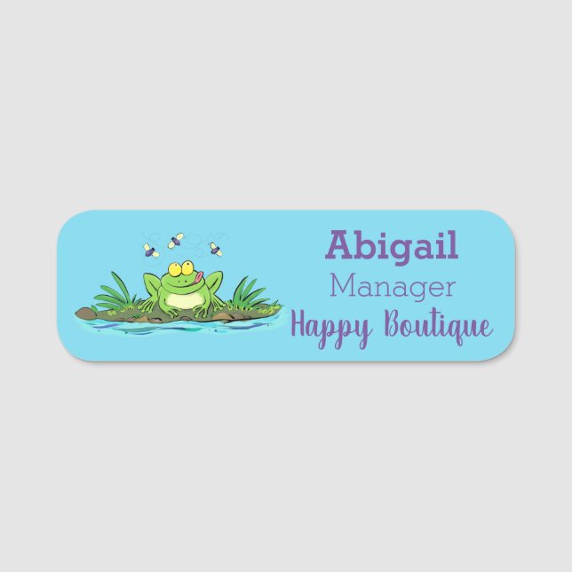 Cute green hungry frog cartoon illustration name tag (Front)
