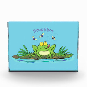 Cute green hungry frog cartoon illustration photo block