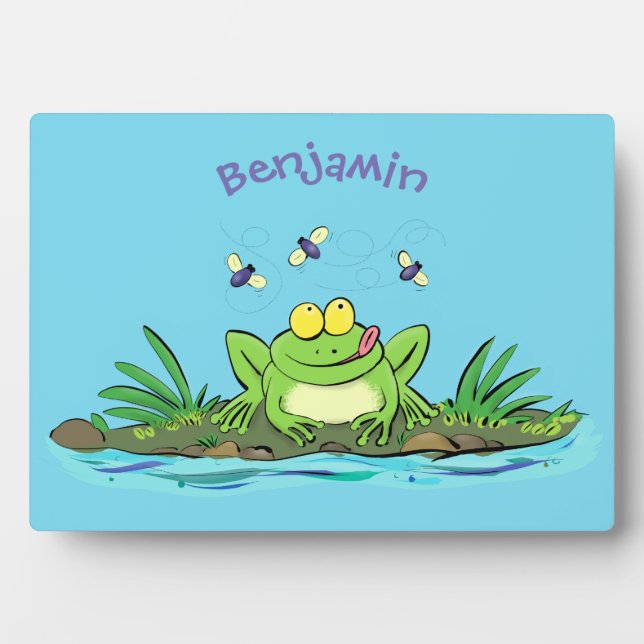 Cute green hungry frog cartoon illustration plaque (Front)