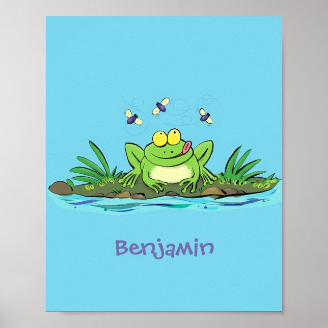 Cute green hungry frog cartoon illustration poster (Front)