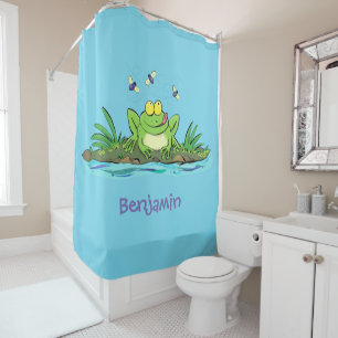 Cute green hungry frog cartoon illustration shower curtain