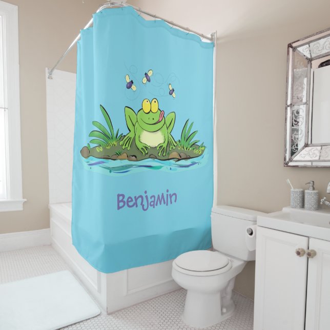 Cute green hungry frog cartoon illustration shower curtain (In Situ)