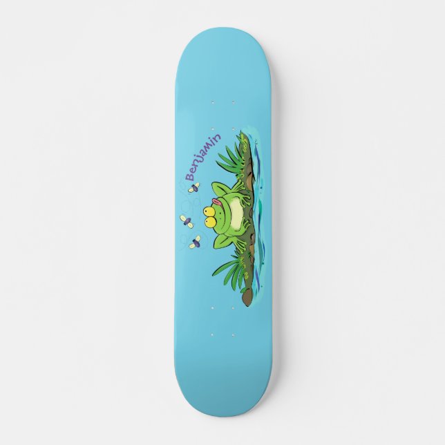 Cute green hungry frog cartoon illustration skateboard (Front)