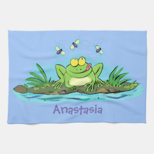 Cute green hungry frog cartoon illustration tea towel