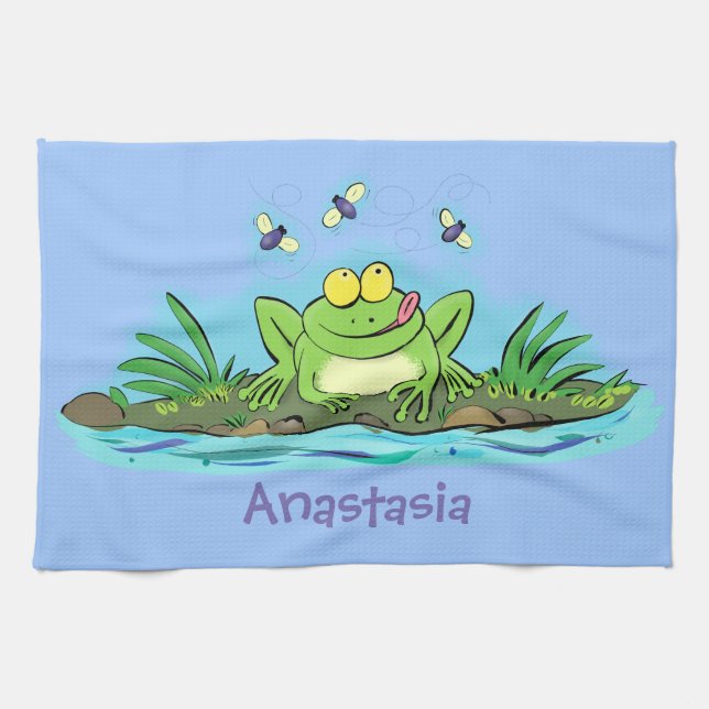 Cute green hungry frog cartoon illustration tea towel (Horizontal)