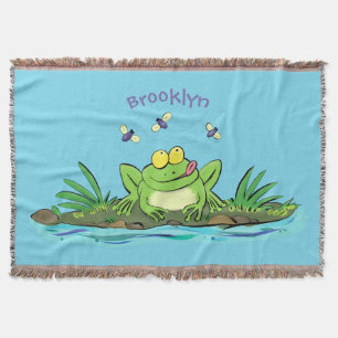 Cute green hungry frog cartoon illustration throw blanket