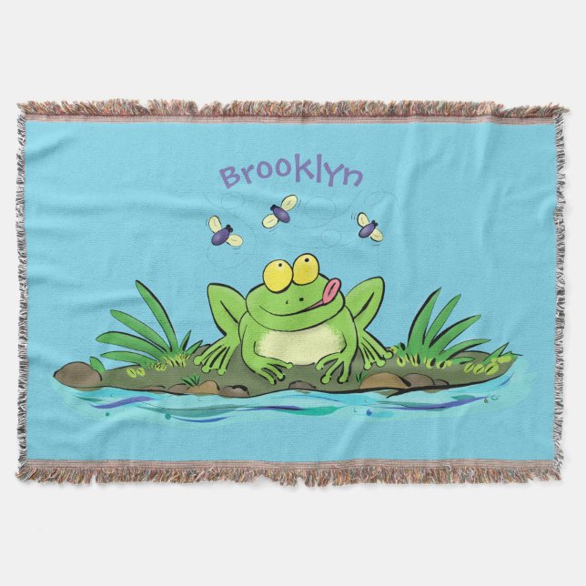 Cute green hungry frog cartoon illustration throw blanket (Front)