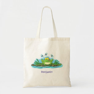 Cute green hungry frog cartoon illustration tote bag