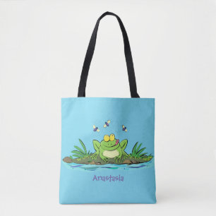 Cute green hungry frog cartoon illustration tote bag