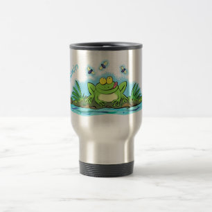 Cute green hungry frog cartoon illustration travel mug