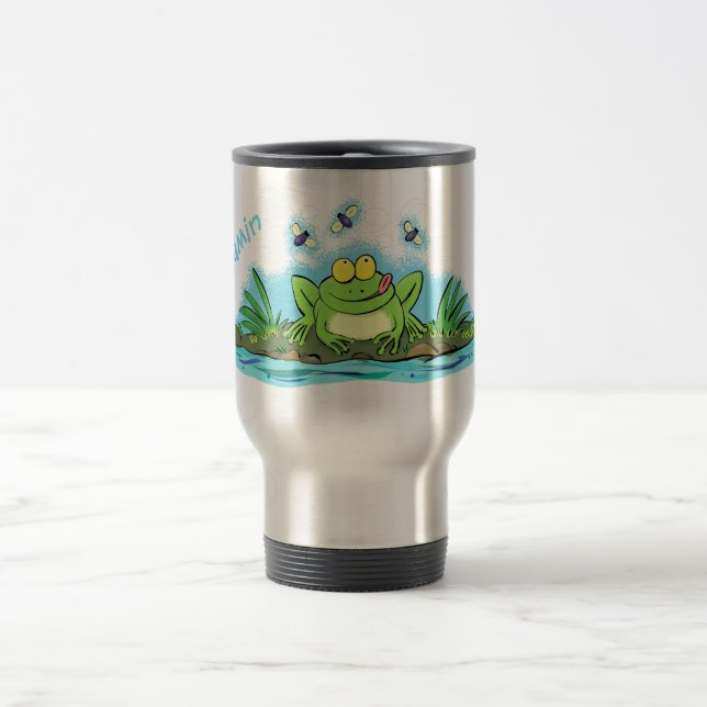 Cute green hungry frog cartoon illustration travel mug (Center)