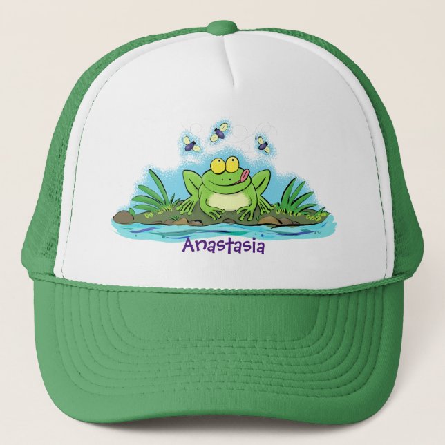 Cute green hungry frog cartoon illustration trucker hat (Front)