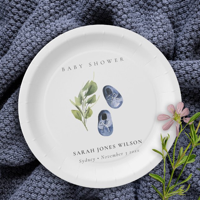 Cute Green Ink Blue Boy Shoes Foliage Baby Shower  Paper Plate (Creator Uploaded)
