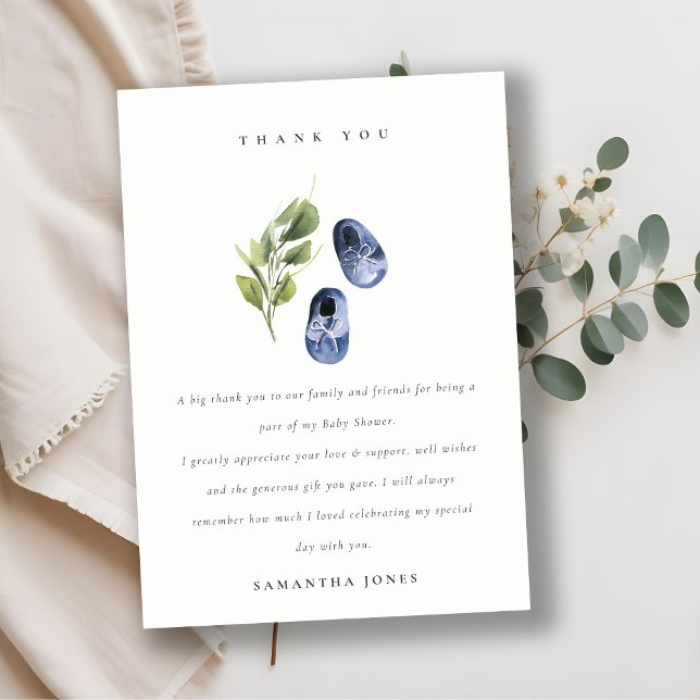 Cute Green Ink Blue Boy Shoes Foliage Baby Shower Thank You Card (Creator Uploaded)