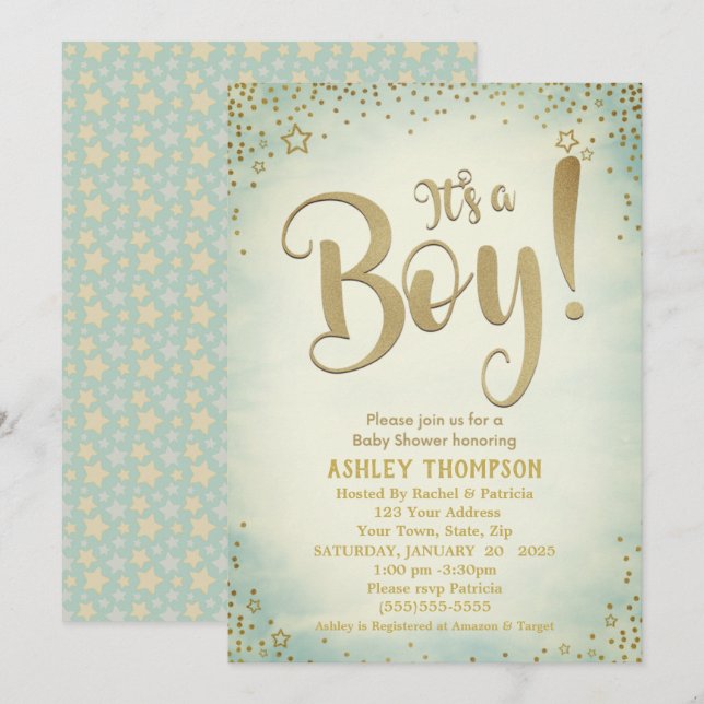Cute Green It's a Boy Stars Baby Shower Invitation (Front/Back)