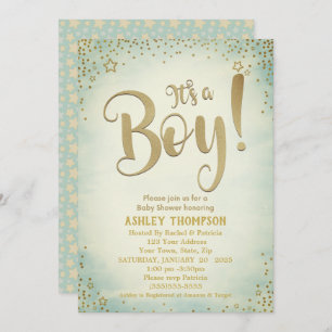 Cute Green It's a Boy Stars Baby Shower Invitation