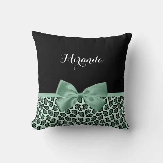 Cute Green Jaguar Print Girly Jade Bow and Name Cushion (Front)