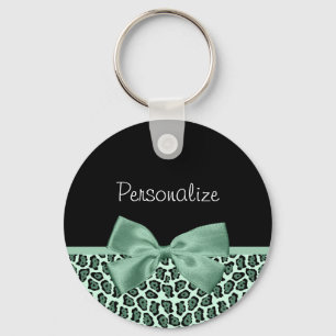 Cute Green Jaguar Print Girly Jade Bow and Name Key Ring
