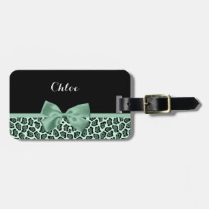Cute Green Jaguar Print Girly Jade Bow and Name Luggage Tag