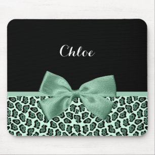 Cute Green Jaguar Print Girly Jade Bow and Name Mouse Mat
