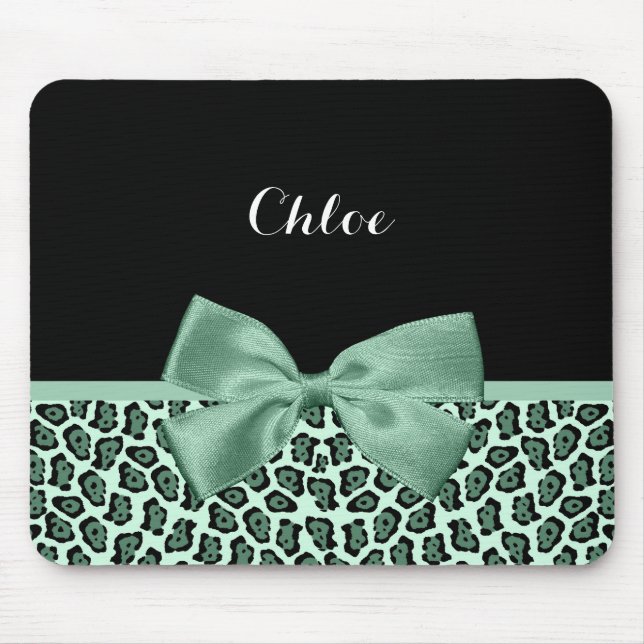 Cute Green Jaguar Print Girly Jade Bow and Name Mouse Mat (Front)