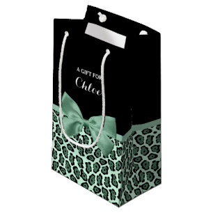 Cute Green Jaguar Print Girly Jade Bow and Name Small Gift Bag