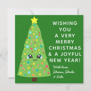 Cute Green Kawaii Christmas Tree Family Photo Xmas Holiday Card