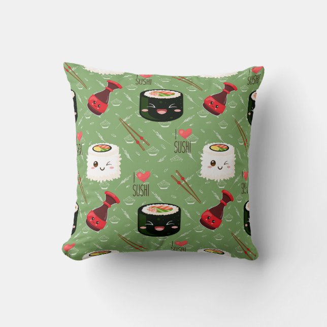 Cute green Kawaii Sushi pattern  Cushion (Front)