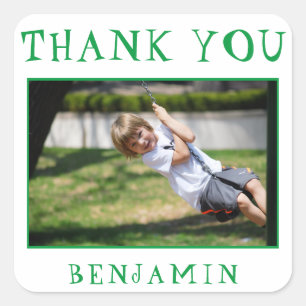Cute Green Kids Photo Birthday Thank you Square Sticker