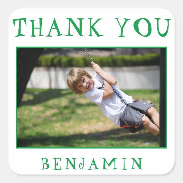Cute Green Kids Photo Birthday Thank you Square Sticker (Front)