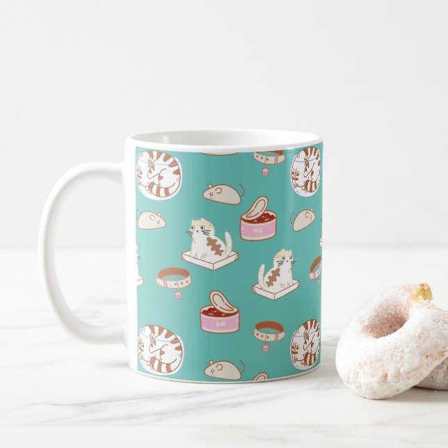 Cute Green Kitty Food Pattern | That Cat Life Mug (With Donut)