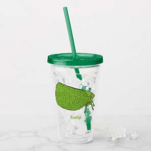 Cute green leaf hopper insect cartoon illustration acrylic tumbler