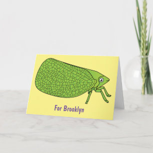 Cute green leaf hopper insect cartoon illustration card