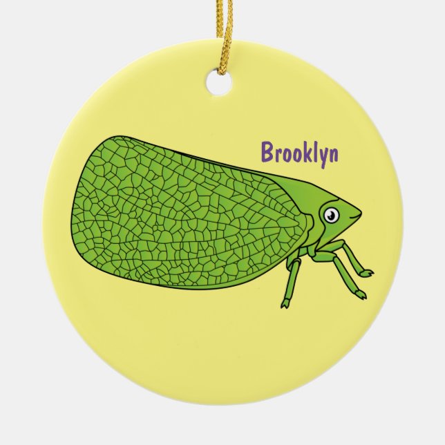 Cute green leaf hopper insect cartoon illustration ceramic tree decoration (Front)