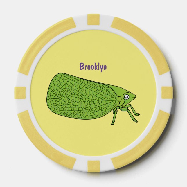Cute green leaf hopper insect cartoon illustration poker chips (Front)