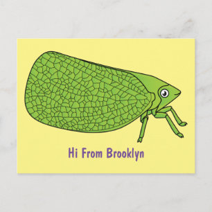 Cute green leaf hopper insect cartoon illustration postcard