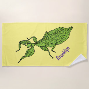 Cute green leaf insect cartoon illustration beach towel