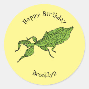 Cute green leaf insect cartoon illustration classic round sticker