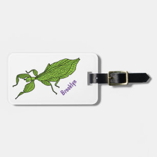 Cute green leaf insect cartoon illustration luggage tag