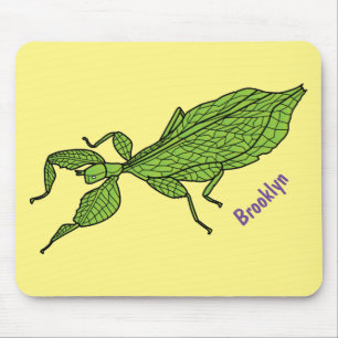 Cute green leaf insect cartoon illustration mouse mat