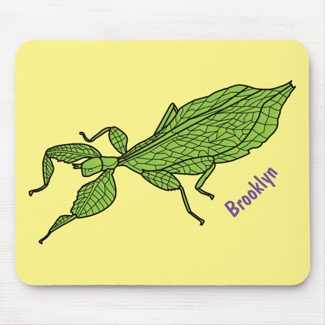 Cute green leaf insect cartoon illustration mouse mat (Front)