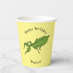 Cute green leaf insect cartoon illustration paper cups