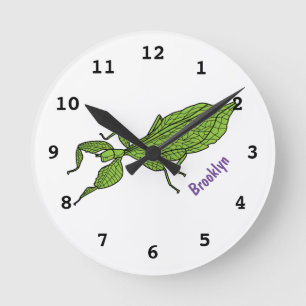Cute green leaf insect cartoon illustration round clock