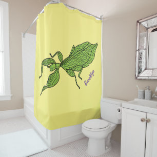 Cute green leaf insect cartoon illustration shower curtain