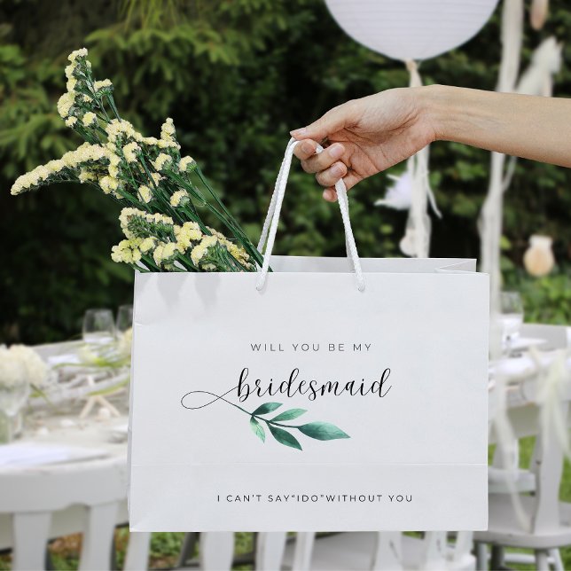 Cute Green Leaves Calligraphy Bridesmaid Proposal Large Gift Bag (Creator Uploaded)