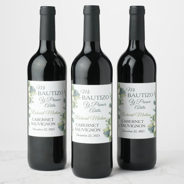 Cute Green Leaves In Spanish Baptism and 1st year Wine Label (Bottles)