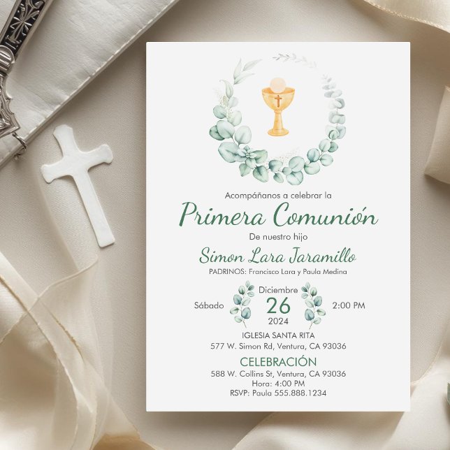 Cute Green Leaves in Spanish First Communion Invitation (Creator Uploaded)