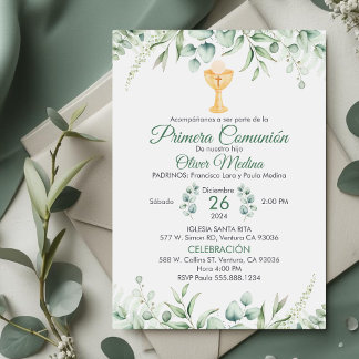 Cute Green Leaves Spanish First Communion  Invitation