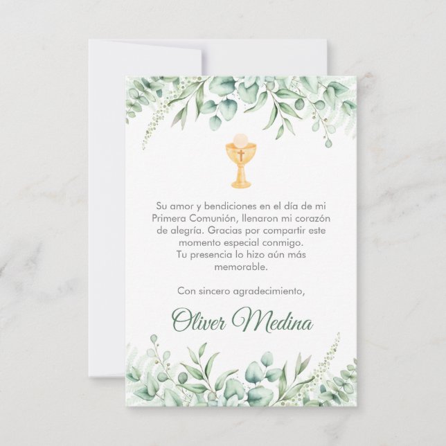 Cute Green Leaves Spanish First Communion  Thank You Card (Front)